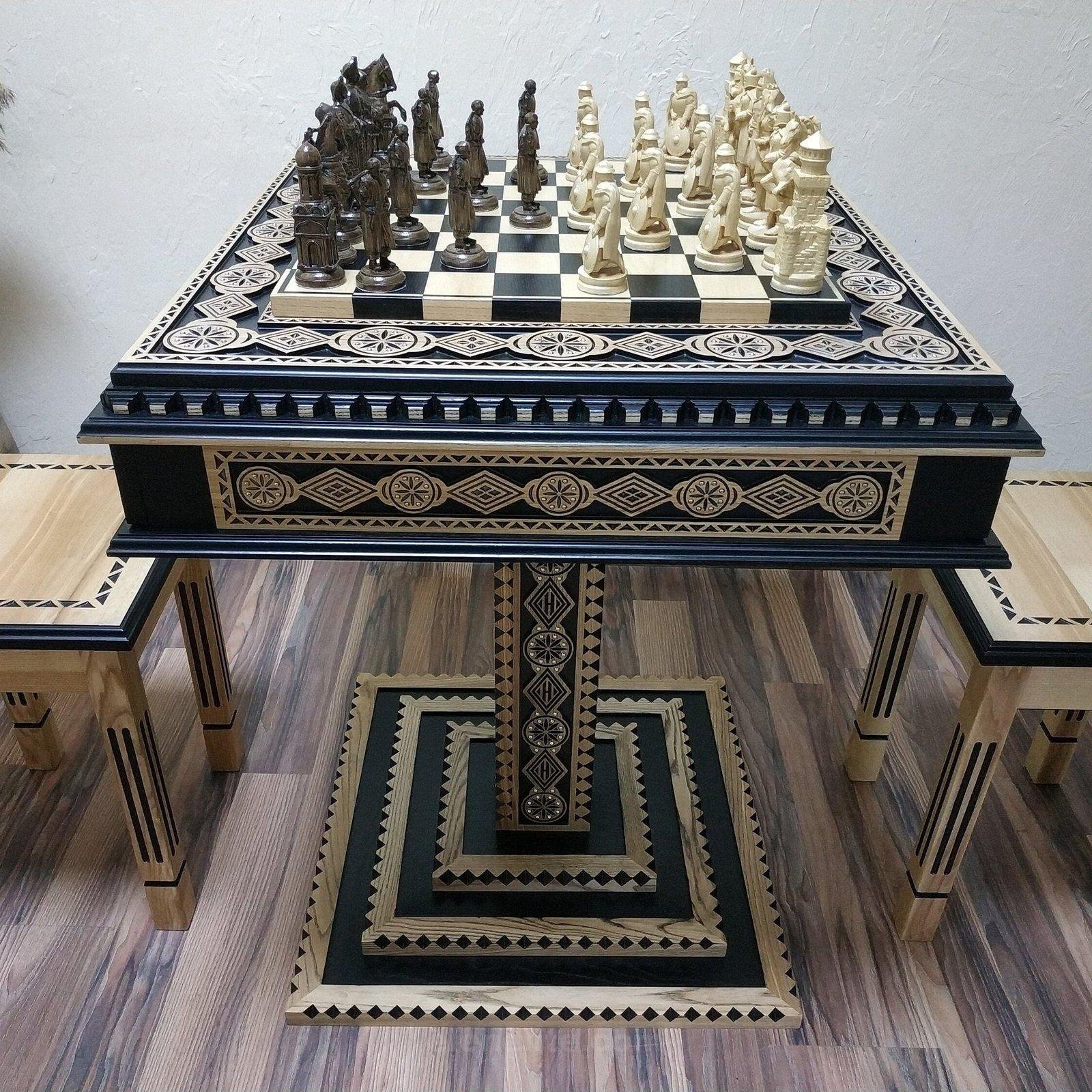 il_fullxfull.5531304267_rbg0.jpg Chess Set: Chess Table "Bright Victory" with Drawers + 2 stools + chess pieces "Knights" & "Cossacks" - Image 1