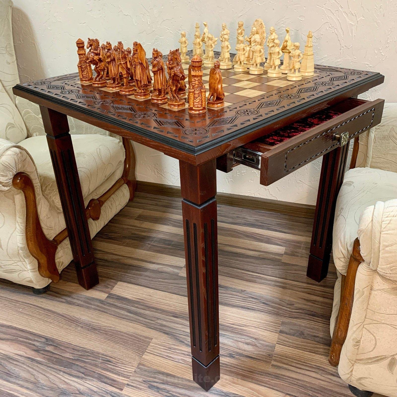il_fullxfull.5661918049_g7z4-scaled-1.jpg Wooden Chess set: Classic Chess Table with Drawers + chess pieces "Cossacks" & "Game of Thrones" - Image 1