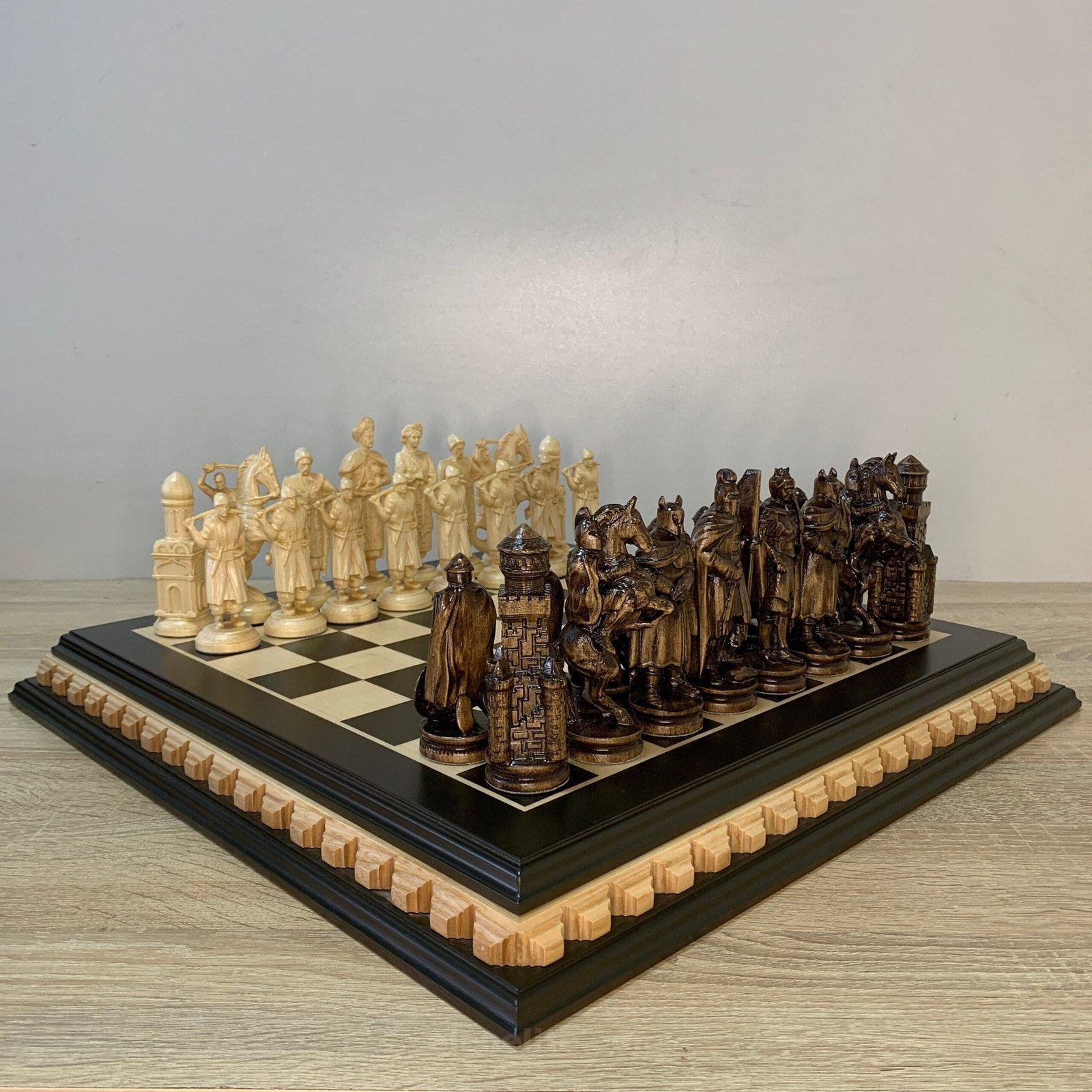 il_fullxfull.5684384464_tplg-scaled-1.jpg Classic handmade chess set: ash board in dark brown with carving and unique pieces - 16 Cossacks and 16 Knights