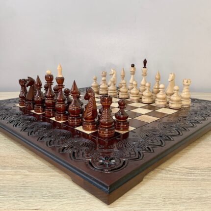 Wooden Chess set: Chess Board “Waves of Aspirations” + chess pieces "Elite" super glossy