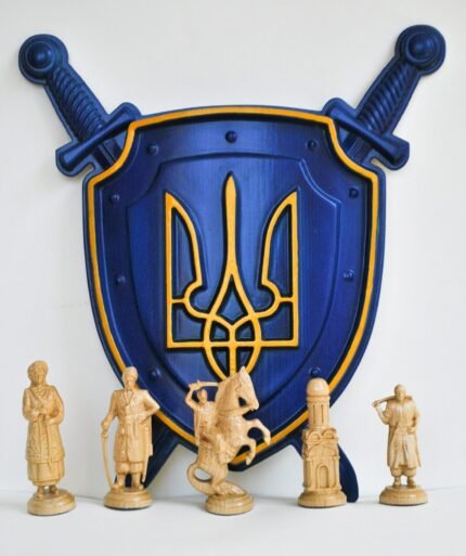 Coat of arms of Ukraine in Blue-Yellow / Black patina color. Trident. Ukrainian Tryzub. Wall Decor. Handmade wood carving