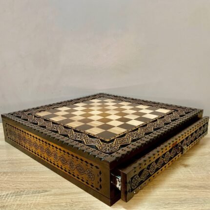 Chess Board "The Art of a Winner" with 2 Drawers and Cells for Storing each Chess piece, Color Ombre