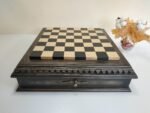 Ash Chess Board with black patina finish and 2 pull-out drawers with soft velour lining for chess pieces