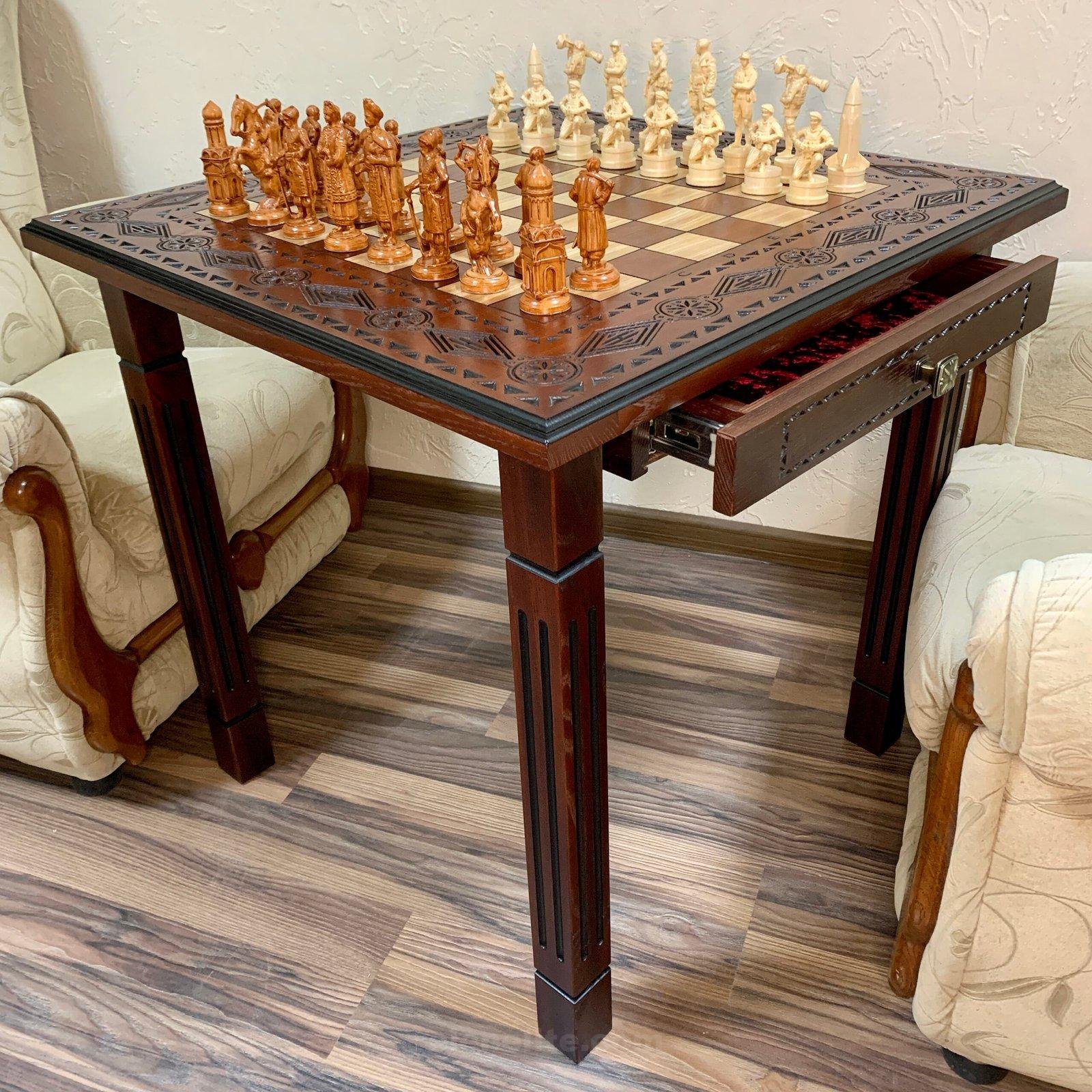il_fullxfull.5715434314_cc7y-scaled-1.jpg Wooden Chess set: Classic Chess Table with Drawers + chess pieces "Cossacks" & "Armed Forces of Ukraine" - Image 1