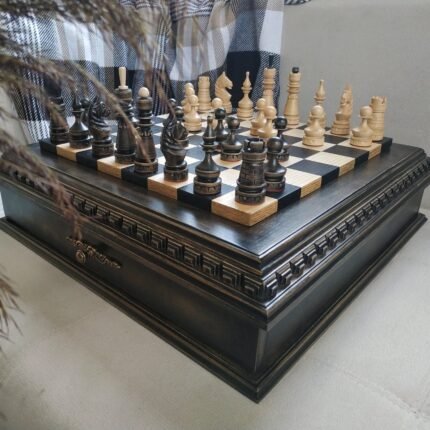 Wooden Chess set: Board "Black Stone" with 2 Storage Drawers + pieces "Classic Luxe"