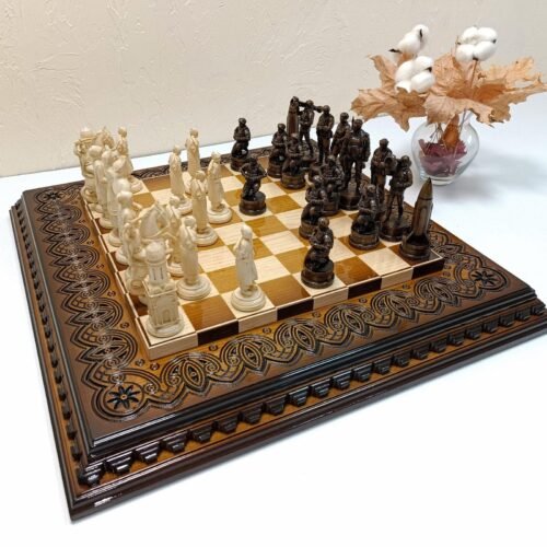 Chess set with a solid ash board and 32 unique pieces: "Cossacks" and "Armed Forces of Ukraine"