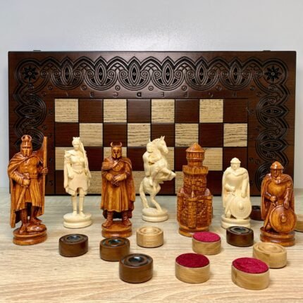 Wooden Folding Chess Set 3-in-1: Chess, Checkers and Backgammon + pieces "Knights" + Backgammon Chips