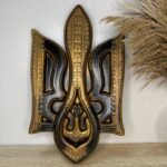 Wall decor Folk Ukrainian Art Style , wooden panel Coat of arms of Ukraine, Trident Gold & Black color. Ukrainian Tryzub. Handmade carving