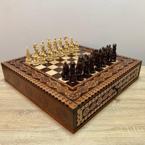 Handmade chess set with drawer board and 32 carved pieces