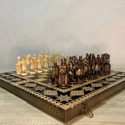Wooden Chess set: Folding Board "Star of Life" with Velvet-lined Storage + pieces "Cossacks" / "Knights"