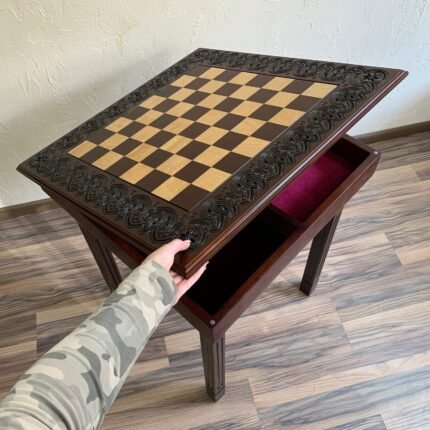 Wooden Сhess Table "Waves of Aspiration" with storage box for chess pieces