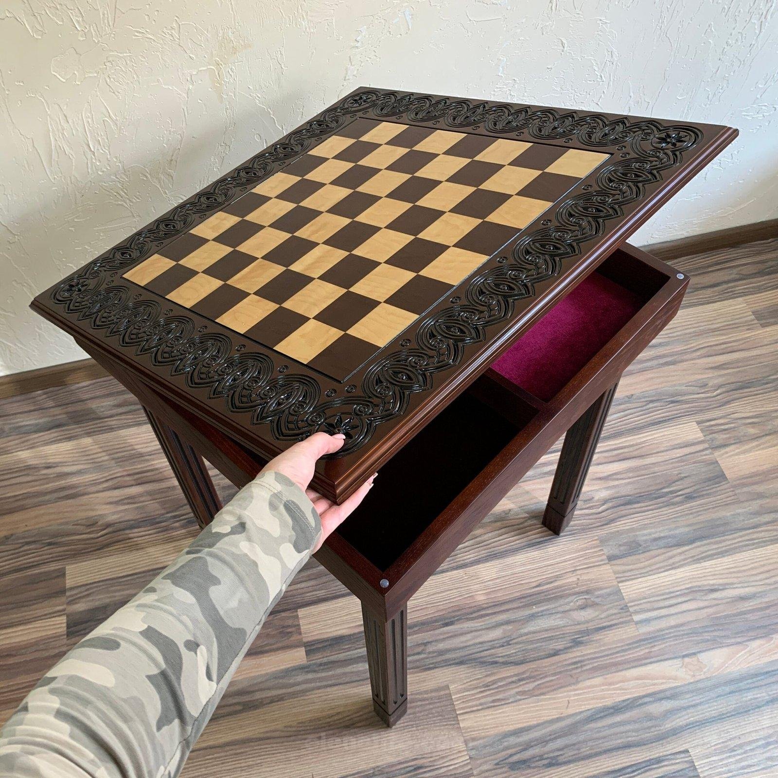 il_fullxfull.5785756622_i3cj-scaled-1.jpg Wooden Сhess Table "Waves of Aspiration" with storage box for chess pieces - Image 1