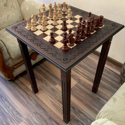 Wooden Chess set: Chess table "Waves of Aspiration" + chess pieces "Staunton"
