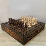 Luxury wooden chess set with drawers and detailed pieces