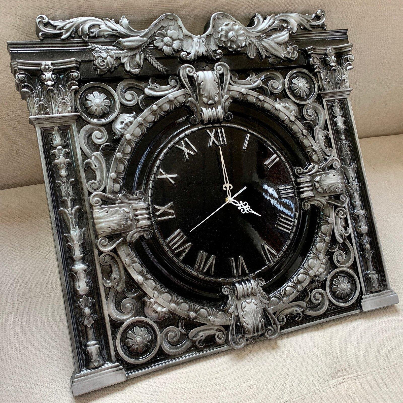 il_fullxfull.5805986955_hnmd-scaled-1.jpg Wall decor, Wooden Clock , Wall Art, Baroque style ,Black & Gray patina, super gloss, handmade carving , ash wood, Anyversary Gift Dad - Image 1