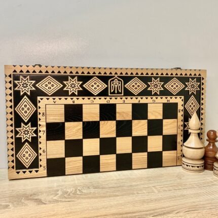 Wooden Folding Chess Board "Star of Life" with Velvet-lined Storage for Chess pieces, Ukrainian Trident