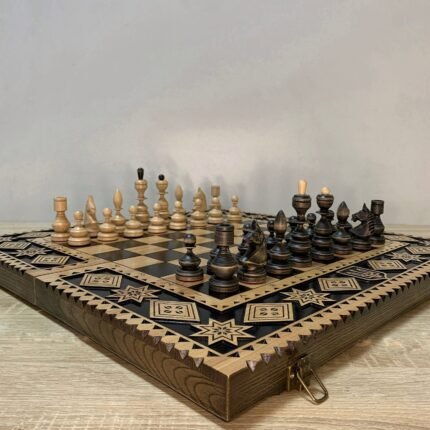Wooden Chess set: Folding Board "Star of Life" with Velvet-lined Storage + pieces "Classic Deluxe"