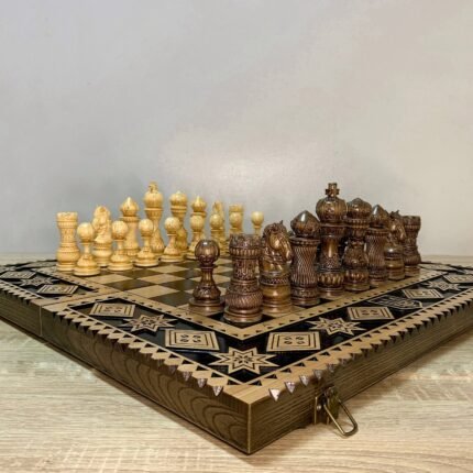 Wooden Chess set: Folding Board "Star of Life" with Velvet-lined Storage + pieces "Elegant Classic"