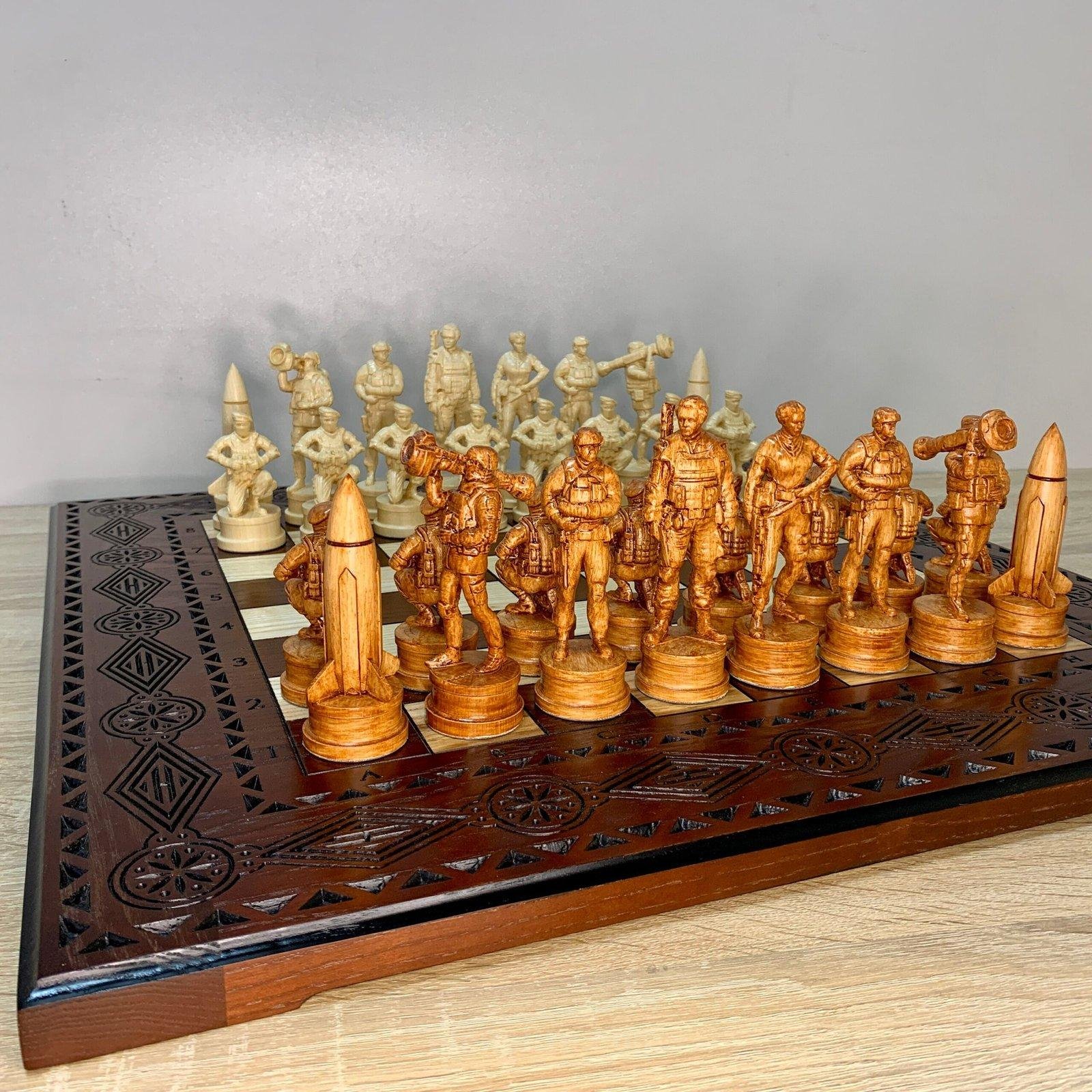 il_fullxfull.5814446661_fyds-scaled-1.jpg Unique chess set: handcarved ash board in dark brown color and figures in the images of Ukrainian military