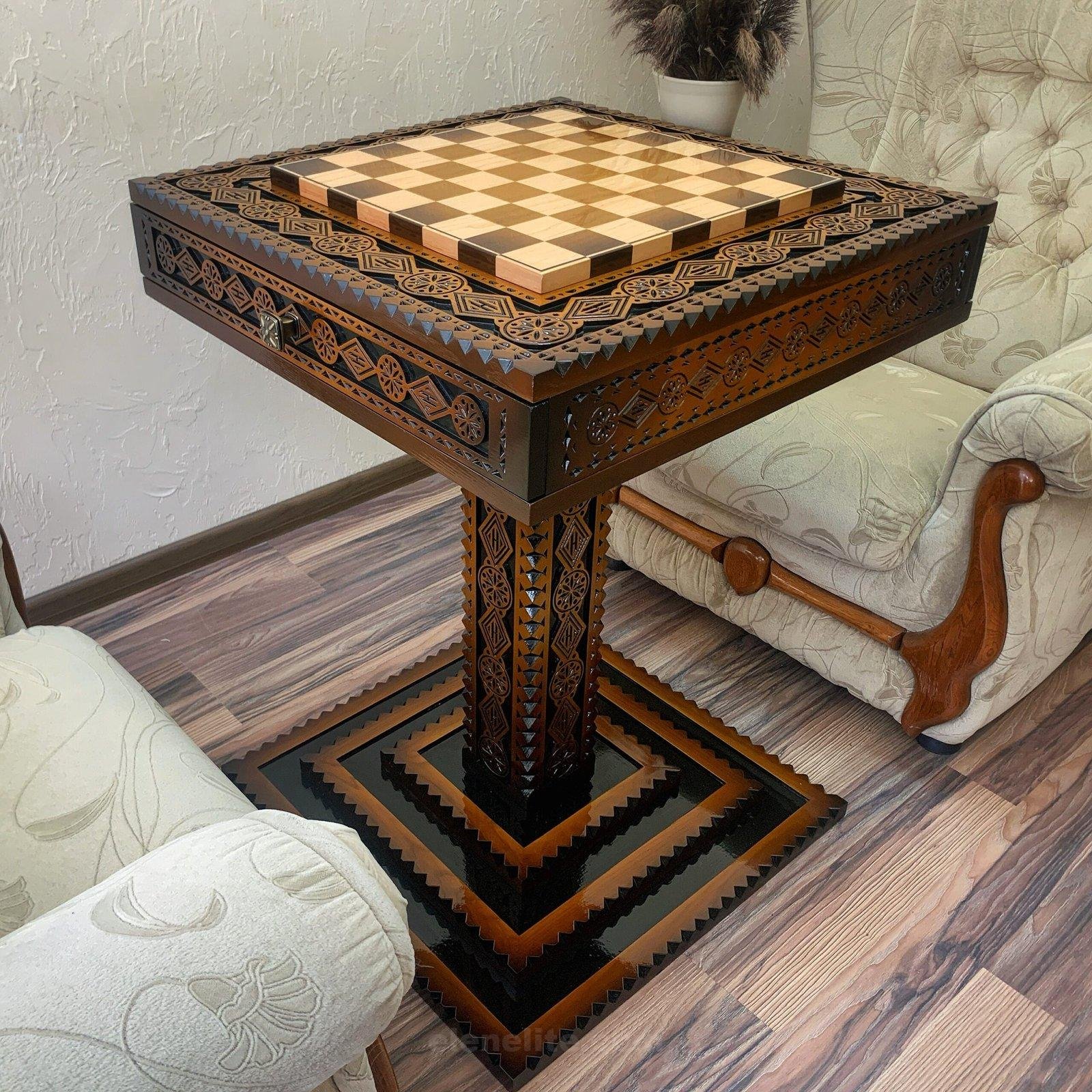 il_fullxfull.5834246355_ta95-scaled-1.jpg Wooden Chess Table "The Art of a Winner" with 2 Drawers, Ombre color, Glossy finish - Image 1