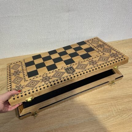 Folding Chess Board “Star of Life” with Velvet-lined Storage for chess pieces, Ukrainian symbols