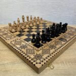 Chess set: Folding wooden chess board with handmade pieces