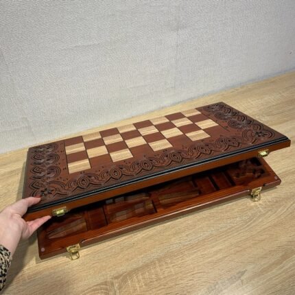 Folding Chess Board with Storage for Each Chess Piece and Markings