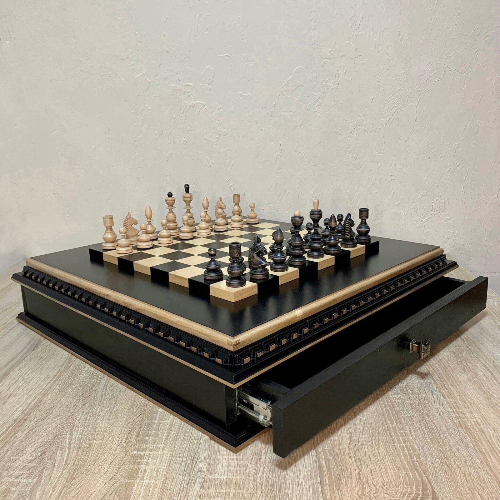 il_fullxfull.5964378538_nqlw-scaled-1.jpg Classic chess set in black and beige tones with two velvet-lined drawers