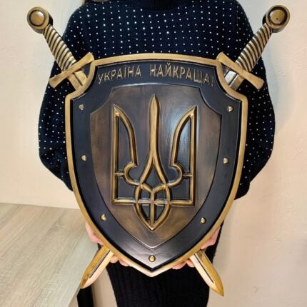 Ukrainian Trident Wooden Coat of arms of Ukraine Shield with Swords Blue-Yellow/Black/ Gold colors Symbol of freedom Wall decor Tryzub Gift