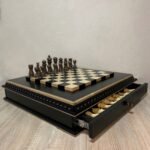 Wooden chess board with drawers and handcrafted pieces