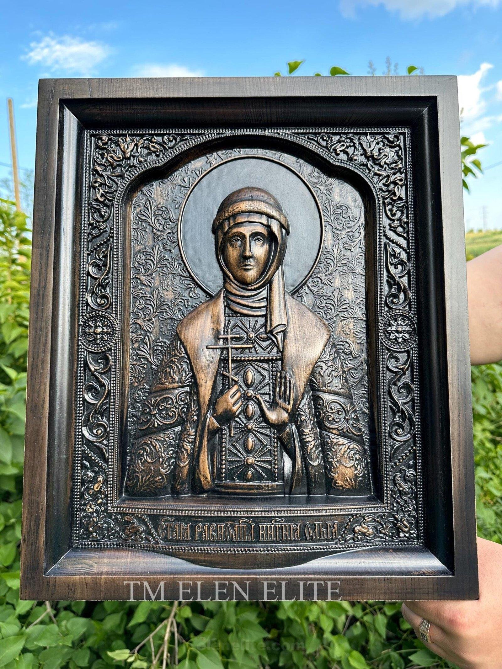 il_fullxfull.6453489860_b59m-scaled-1.jpg Wooden Decor "The saint Olga of Kyiv", carved wall panel , handmade, wall hanging, art living room, Birthday Gift for Mother, Wife, daughter - Image 1