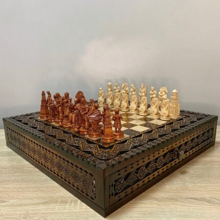 Chess Set: Chess Board “The Art of a Winner” with 2 Drawers and Cells for Storing each Chess piece + Pieces "Game of Thrones" / "Knights" Super glossy finish