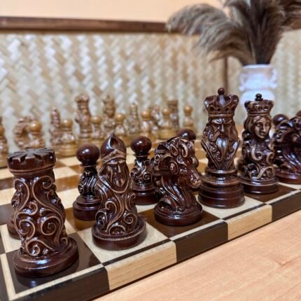 Wooden Chess pieces "Classic" slavic style with ornamental detailing