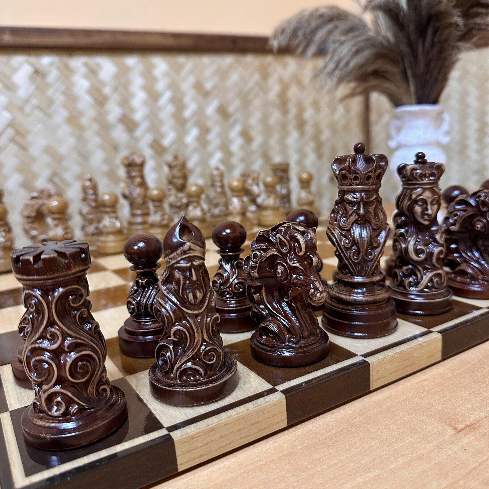 IMG_6945 Wooden Chess pieces "Royal Filigree" slavic style with ornamental detailing - Image 1