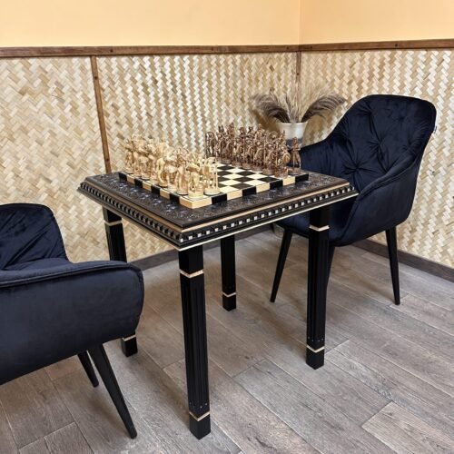 Handcrafted chess set with Spartan warriors on wooden chess table