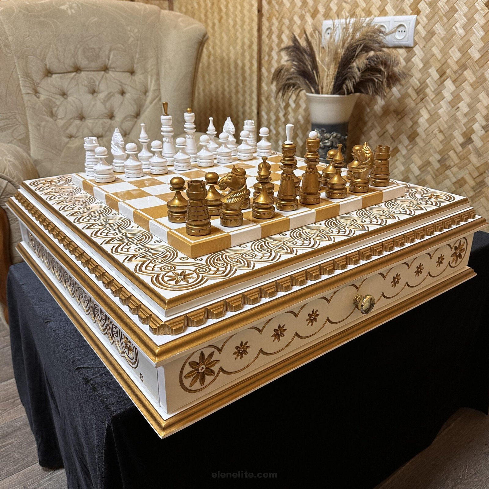 IMG_8844 Wooden Chess Set "White & Gold": Board with 2 drawers for storing + pieces "Classic Luxe" - Image 1