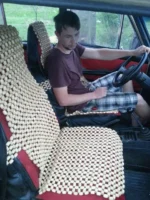 beige car seat cover, beaded, handmade