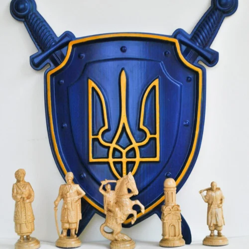 Wooden Coat of Arms of Ukraine - Shield with Swords - Ukrainian Trident