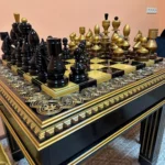 Wooden Chess set: Chess Table "Rich Aesthetics" Black & Gold with large chess pieces - Image 6