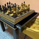 Wooden Chess set: Chess Table "Rich Aesthetics" Black & Gold with large chess pieces - Image 5