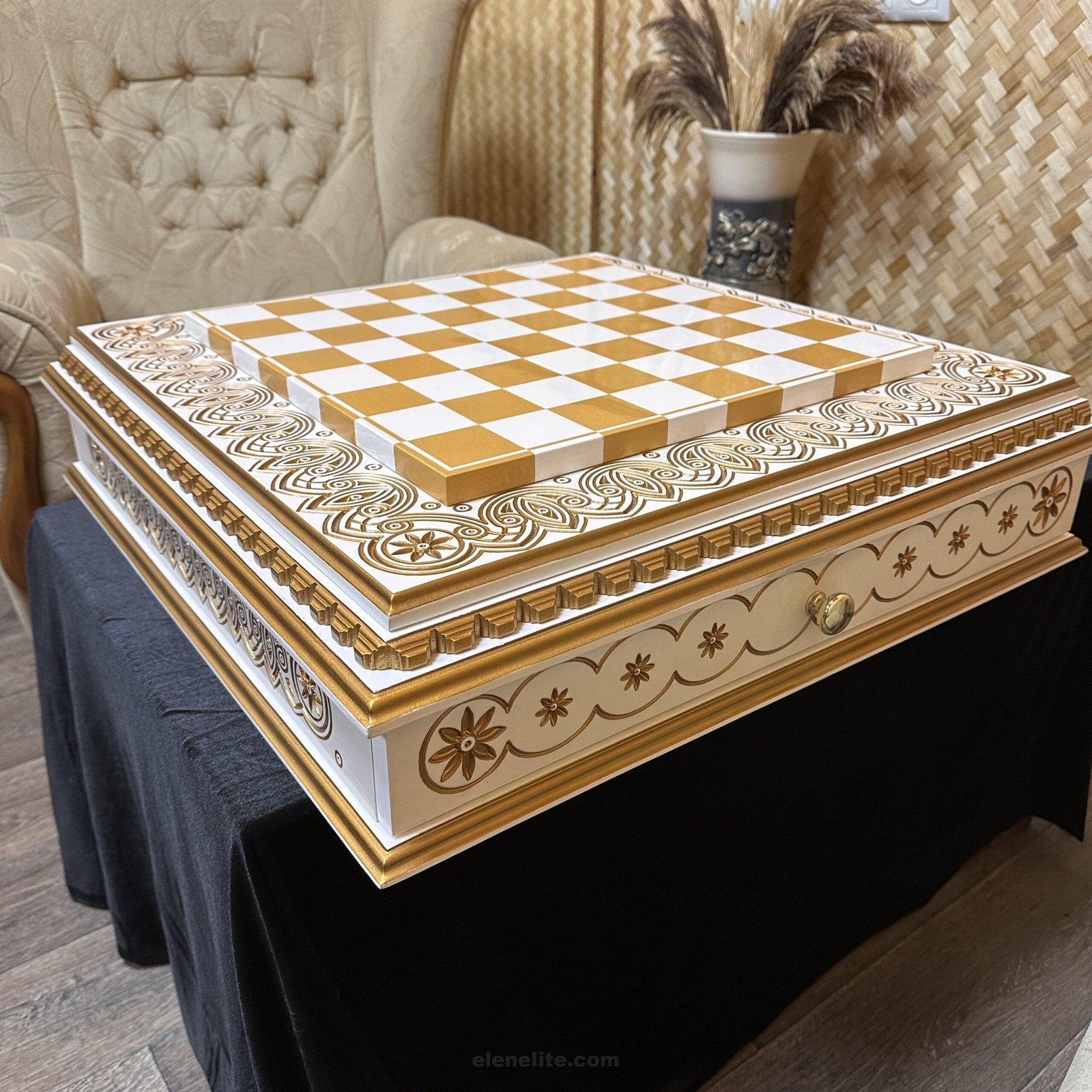 IMG_8853 Wooden Chess Board “White & Gold” with 2 drawers for storing - Image 1