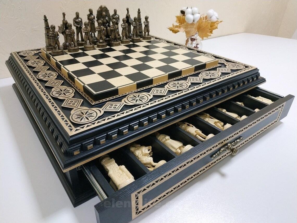 il_1140xN.4276267768_ngwf Wooden Chess set “Bright Victory”: with 2 Drawers, Decorated with beads + pieces "Battle of Thrones"+ "Knights" - Image 1