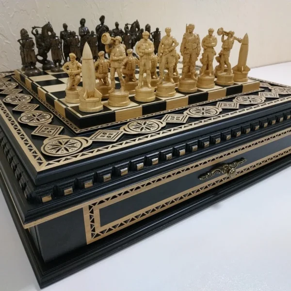 Wooden Chess set “Bright Victory”: with 2 Drawers, Decorated with beads + pieces "Cossacks" vs "Armed Forces of Ukraine"