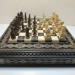 Wooden Chess set “Bright Victory”: with 2 Drawers, Decorated with beads + pieces "Cossacks" vs "Armed Forces of Ukraine"