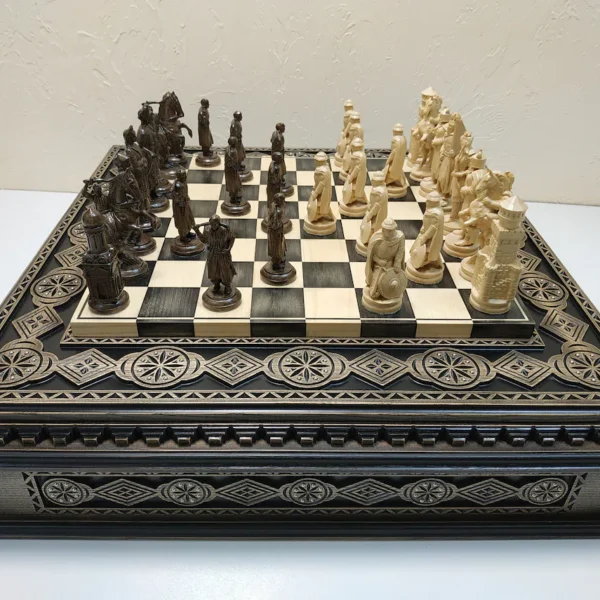 Wooden Chess set “Bright Victory”: with 2 Drawers, Decorated with beads + pieces "Cossacks" vs "Armed Forces of Ukraine"