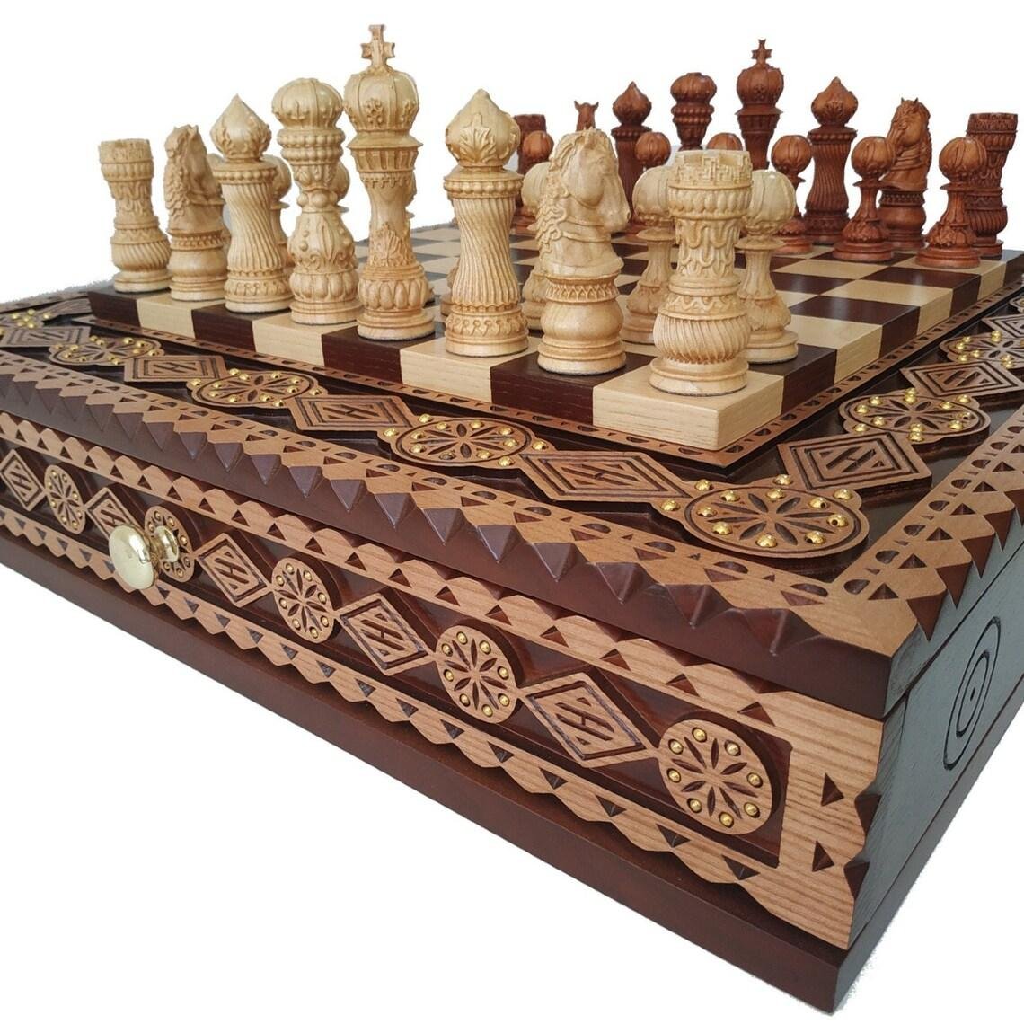 il_1140xN.5375822694_edo0 Wooden Chess set with 2 Drawers, Decorated with beads + pieces "Elegant Classic" - Image 1