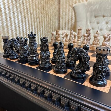 Wooden Chess pieces "Royal Filigree" vintage style
